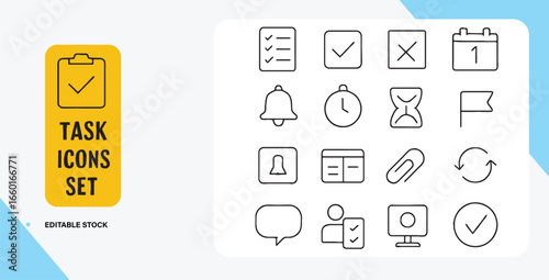 Task Management Icons Set for Productivity and Organization Including Checklist Calendar and Clock Symbols