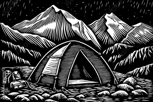 Himalayan expedition tent at mountain base camp with snowy peaks, black and white line art illustration