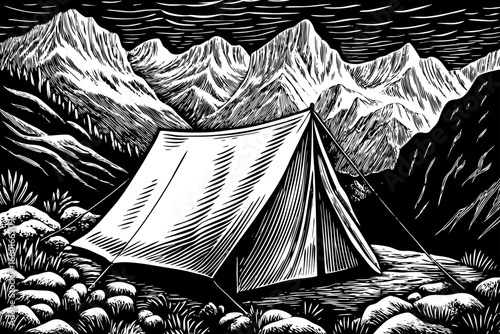 Himalayan expedition tent at mountain base camp with snowy peaks, black and white line art illustration