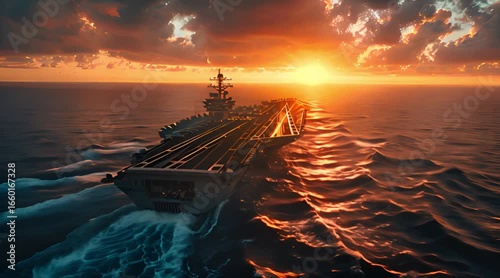 US Navy Aircraft Carrier Sailing in the Ocean at Night