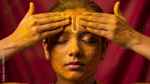 Woman Applies Yellow Turmeric Powder to Face During Spiritual Ritual with Eyes Closed in Red Background