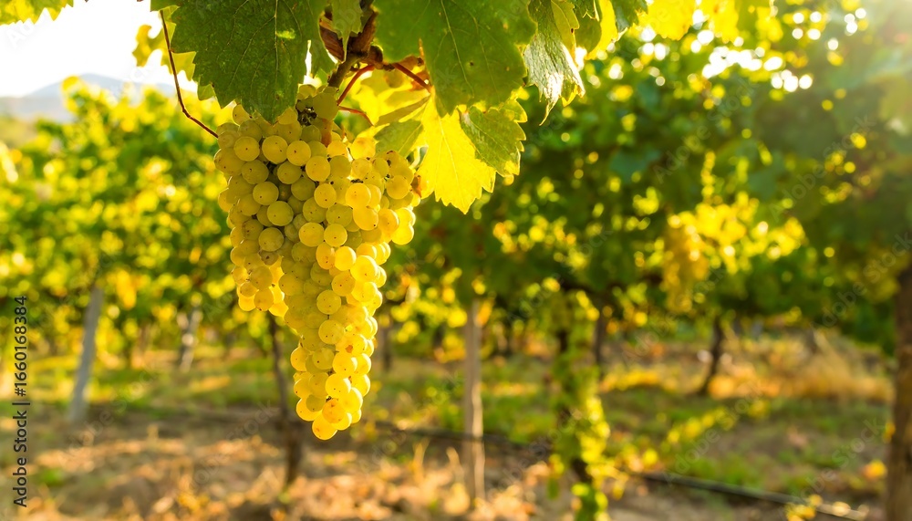 Fototapeta premium Close-up of a bunch of ripe yellow grapes hanging from a vine
