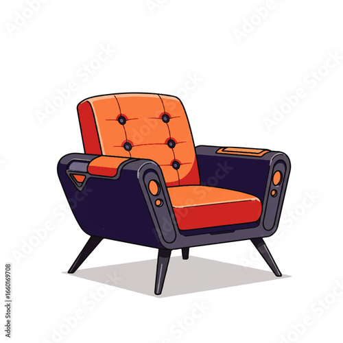 Stylish mid-century modern armchair in vibrant orange and navy blue adds retro charm to any room
