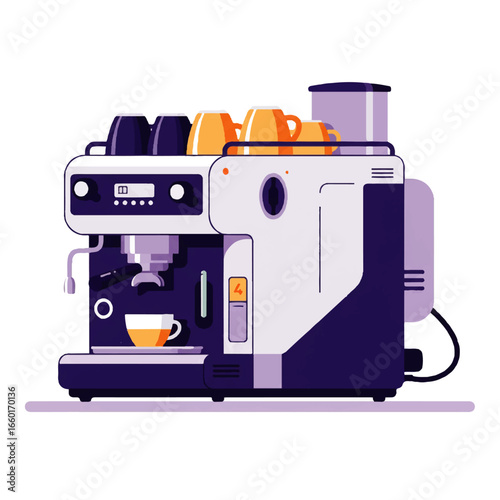 Modern espresso machine brews perfect coffee with stacked cups and fresh cup ready