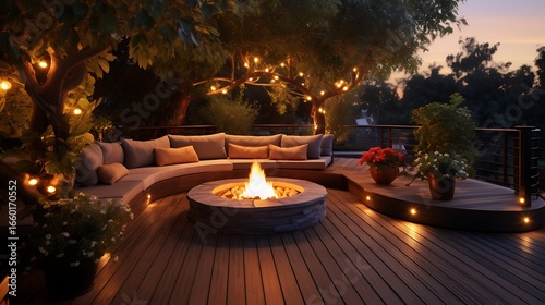 Lush outdoor terrace design with wooden deck, built-in seating, a firepit in the center, surrounded by green plants, ambient string lights creating a cozy evening atmosphere, full frame,