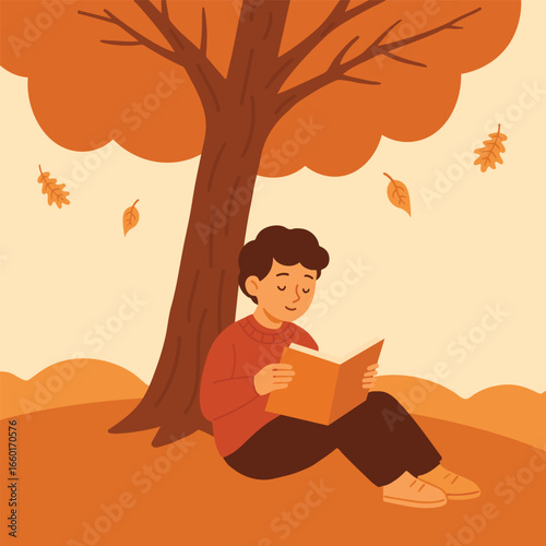 autumn illustration of a boy reading book under tree with falling leaves, cozy seasonal flat design representing relaxation, knowledge, and peaceful outdoor atmosphere