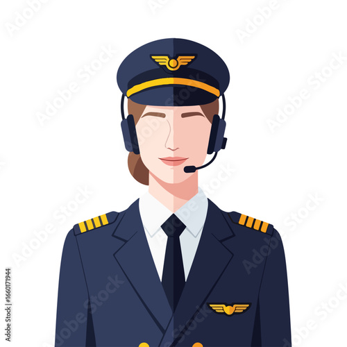 Illustration of a pilot wearing full attributes. Flat design for a pilot avatar. A female pilot. Flat character design. design 2
