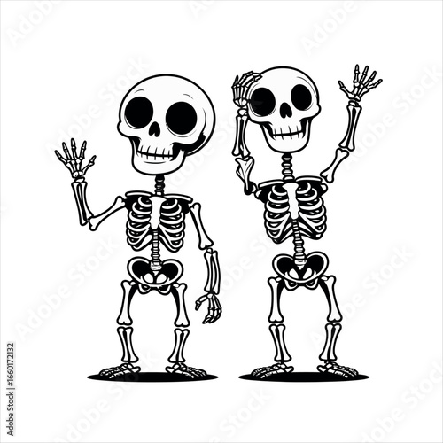 Vector art of two skeletons waving hand halloween vector illustration