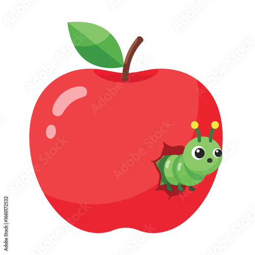 cartoon illustration of a red apple with a green caterpillar emerging from a hole in its side. flat design of an apple with a caterpillar inside. design 5