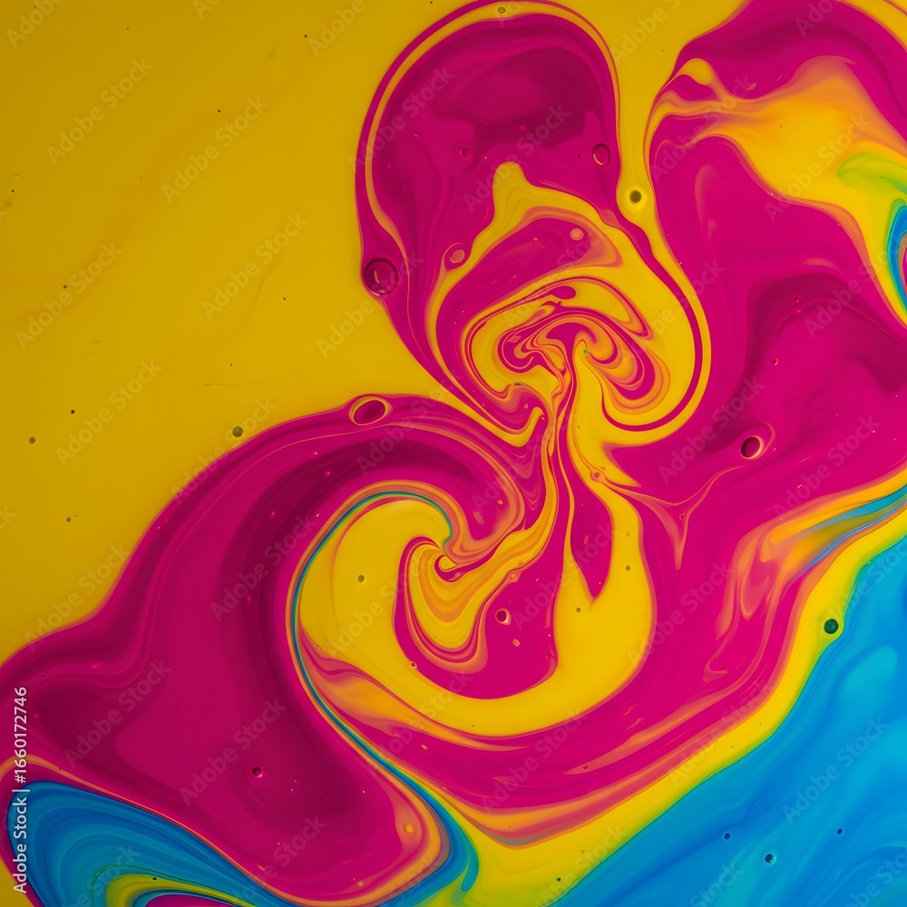 Fototapeta premium Vibrant abstract art with flowing colors: yellow, pink, and blue swirling patterns, modern design