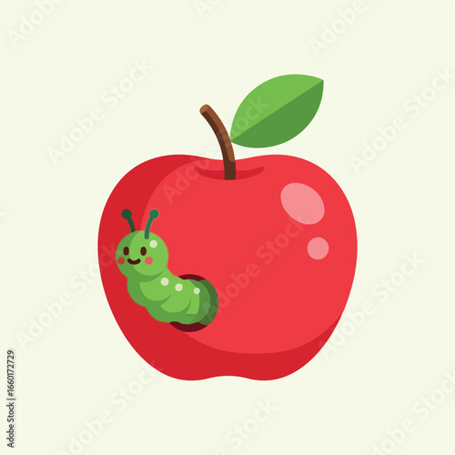 cartoon illustration of a red apple with a green caterpillar emerging from a hole in its side. flat design of an apple with a caterpillar inside. design 3
