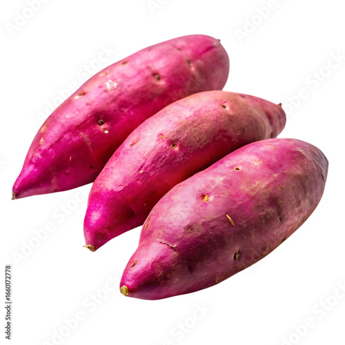 Three vibrant purple sweet potatoes arranged on a dark background