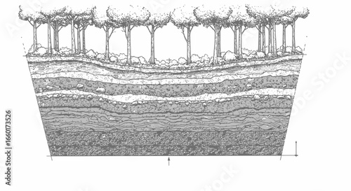 Detailed cross section of soil layers showing forest and depth marker drawing