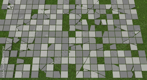 Fragmented chessboard pattern on green grass providing a unique visual texture
