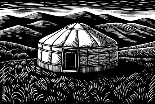Traditional Mongolian yurt tent on grassland with mountains, black and white line art illustration