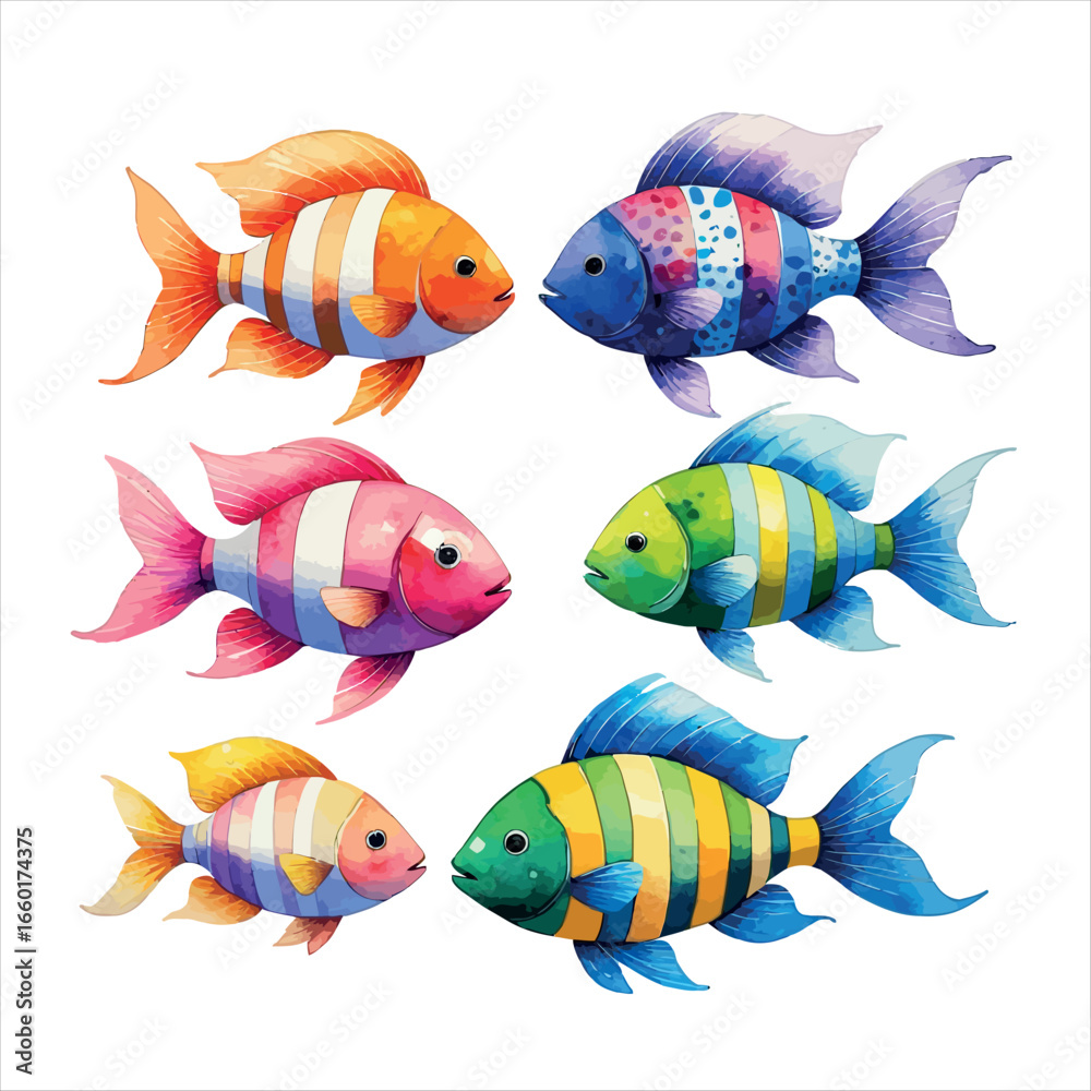 Fototapeta premium Vector art of watercolor colorful fish collection