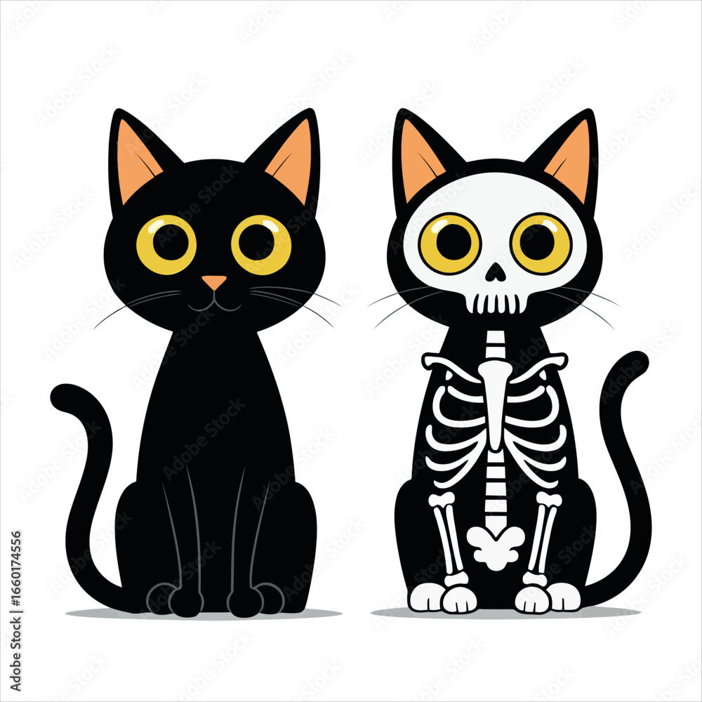 Fototapeta premium Vector art of two cartoon cats, one black and one skeleton