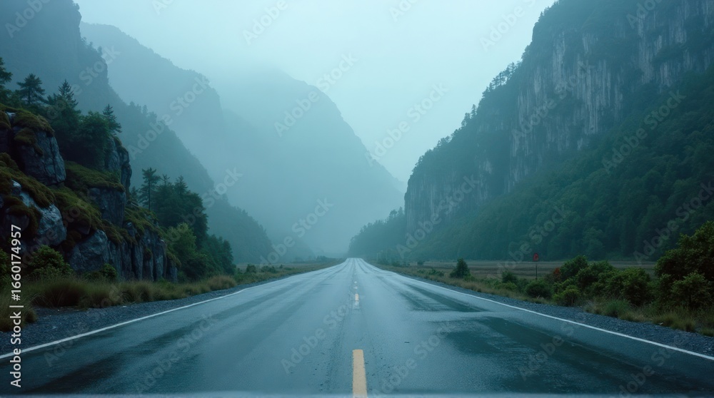 Fototapeta premium Empty Wet Road Leading to Misty Green Mountain Valley