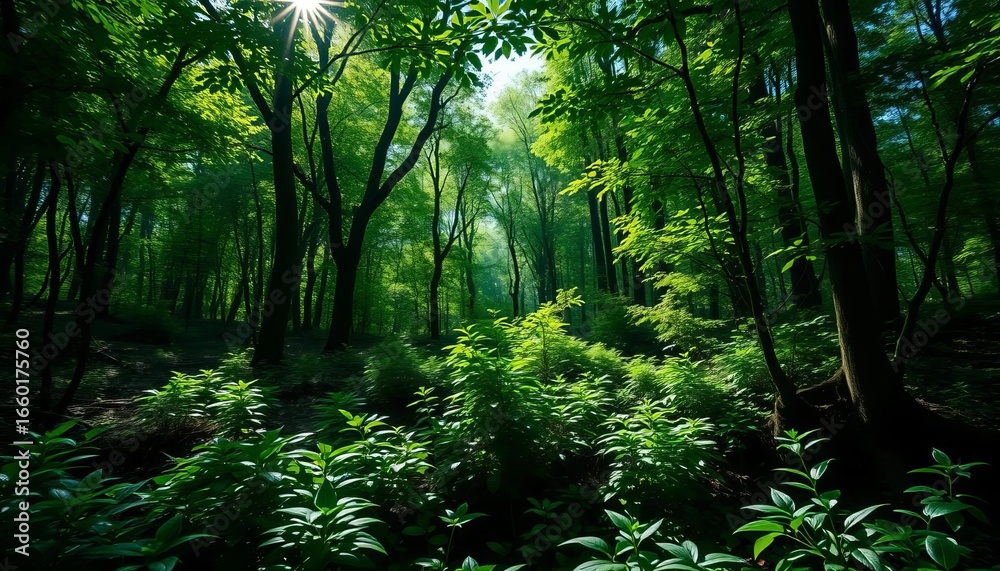 Fototapeta premium Deep emerald green forest floor, sunlight dappled through leaves, branches, sunlight