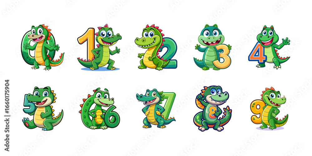 Fototapeta premium Playful Alligator Character Numbers Set 0-9 Vector Illustration for Kids Education, Learning, Counting, Preschool, Nursery, Children Books