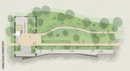 Architectural Drawing of a Park Layout with People, Green Spaces and Buildings