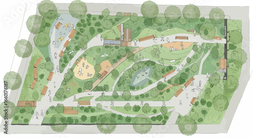 Aerial View Illustration of a Park Design with Pathways Trees and Recreation Areas