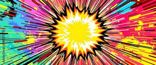 Dynamic vector comic book explosion with radiating energy and vibrant colors,  smoke,  retro