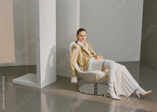 Stylish young woman in elegant attire seated in modern chair.