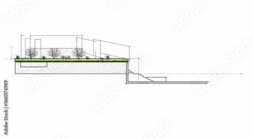 Architectural section drawing showcasing a modern green roof residence design