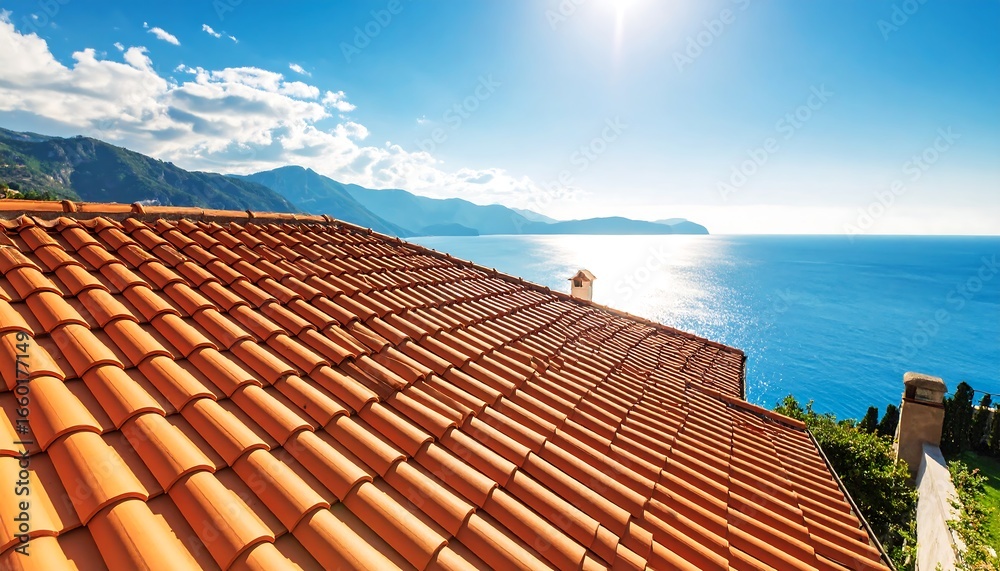 Naklejka premium A terracotta roofline overlooks a vibrant blue sea, framed by mountains under a clear sky.