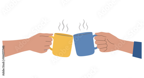 Two hands holding and clinking colorful coffee mugs together in a friendly gesture