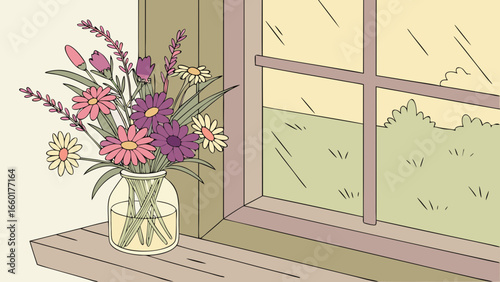 glass jar of  wild flowers on a windowsill