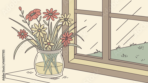 glass jar of  wild flowers on a windowsill