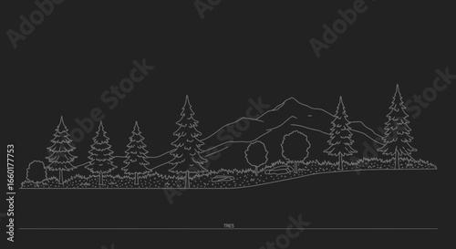 Minimalist outine drawing of mountains and pine trees, nature scenery landscape