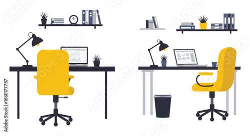 Two modern home office workspaces with yellow chairs and desks