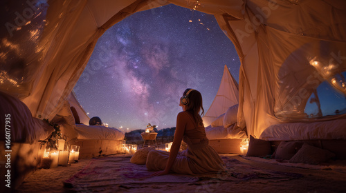 Stargazing in a Cozy Tent: Woman Enjoying Night Sky with Headphones, String Lights, and Candles