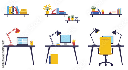 A collection of home office setups with desks lamps and shelves with books and plants