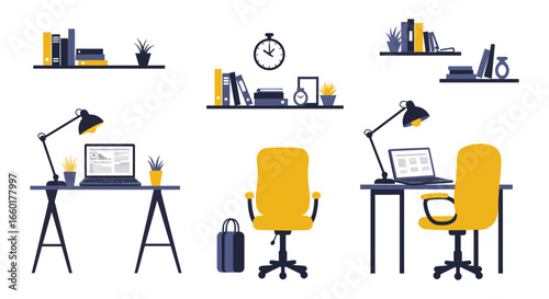 Home office workspace with desks lamps chairs and shelves for organization