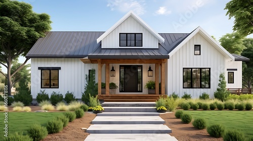 Modern farmhouse exterior design with white board and batten siding, black-framed windows, wooden front door, stone pathway, and native plants landscaping, blue sky background, full frame,