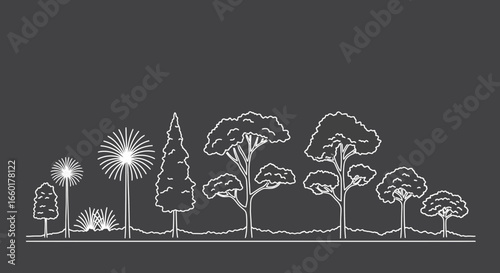 Minimalist white outlines of diverse tree species on a dark gray background