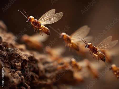 Flying Termites. Closeup of Eastern Subterranean Termites Swarming for Destructive Pest Control