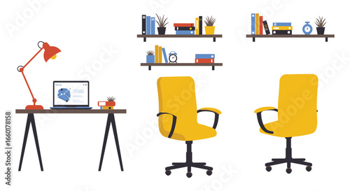 Office workspace with desk lamp laptop chair and bookshelves with plants and office supplies