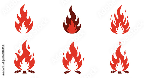 Collection of six different red flame icons on white background