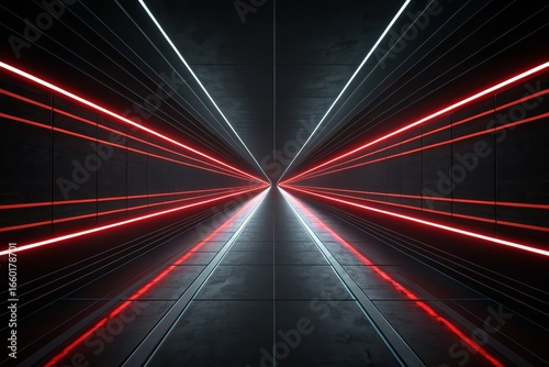 Futuristic dark tunnel with glowing red and white neon lines.