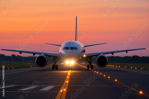 A commercial jet is on the runway with its lights on for an early morning flight under a beautiful pink and orange sky