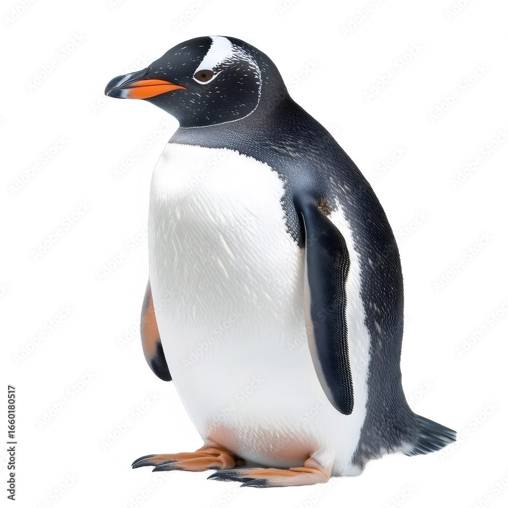 Obraz premium 白い背景に立つジェンツーペンギンのクローズアップ描写 動物の質感と詳細