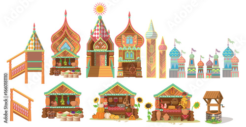 large set of elements. Old Russian city with wooden carved colored houses. Russian Teremok. Russian fair with tents.