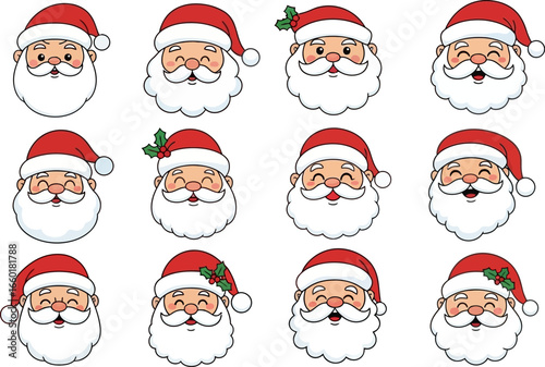 Set of cartoon Santa Claus heads or faces. Vector illustration.