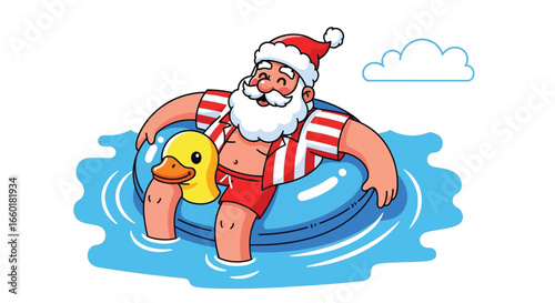 Santa Claus enjoying summer vacation fun, relaxing in a pool with a yellow duck float