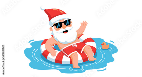 Santa Claus relaxing in a pool on summer vacation with sunglasses and a rubber duck